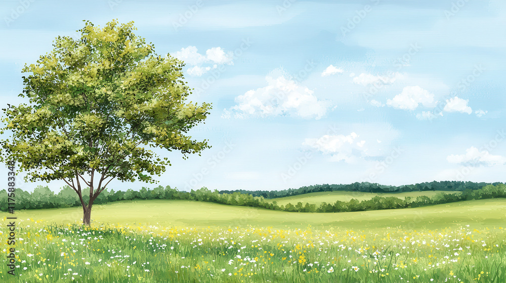 Fototapeta premium serene landscape featuring large tree in vibrant green field, surrounded by wildflowers and rolling hills under clear blue sky. scene evokes sense of tranquility and natural beauty