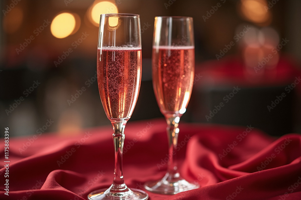Two elegant champagne glasses filled with sparkling rosé sit atop soft red fabric, glowing under warm ambient lights. Dinner. Love. Valentine's Day. Anniversary
