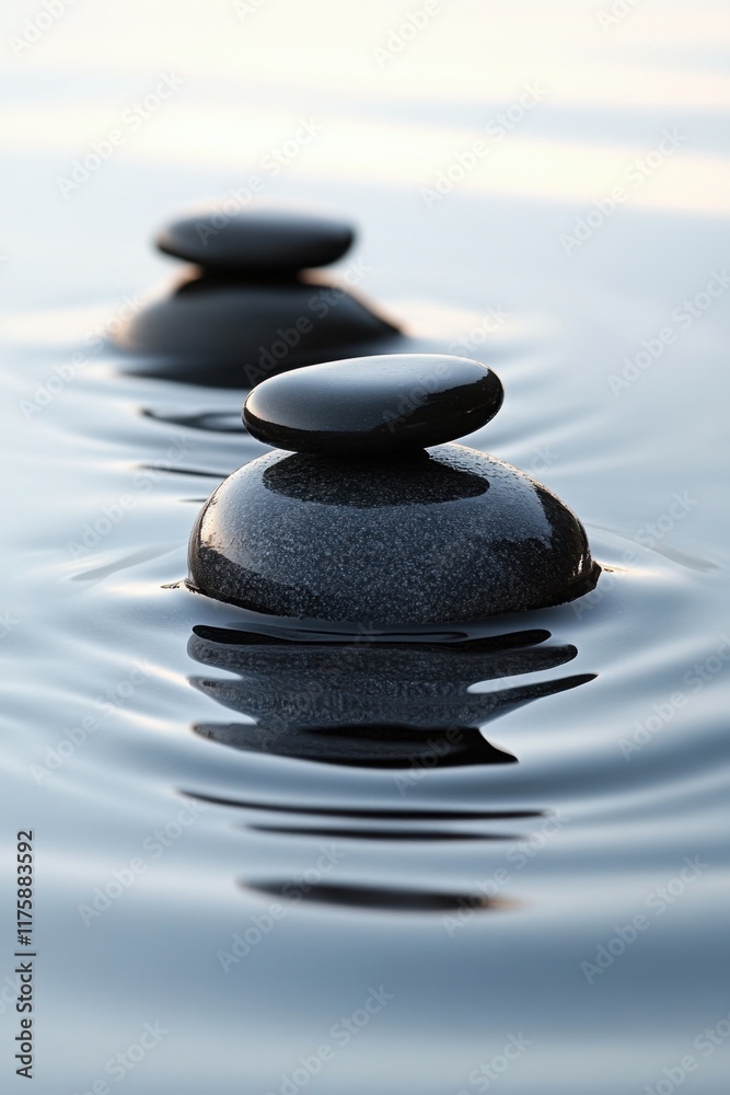Polished stones resting on serene water create a calming aesthetic for relaxation and meditation Polished stones resting on serene water create a calming aesthetic for relaxation and meditation