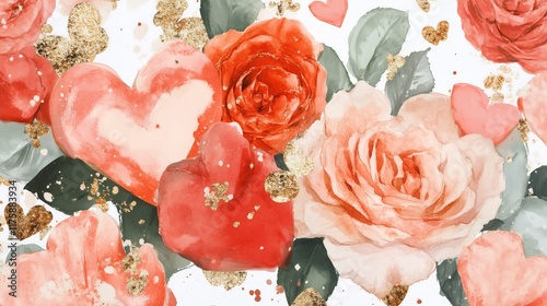 watercolor vintage print with hearts and roses, very beautiful, red pink and gold, Valentines card