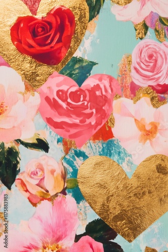 watercolor vintage print with hearts and roses, very beautiful, red pink and gold, Valentines card