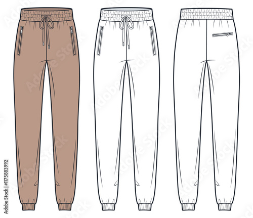 Jogger Pants fashion flat technical drawing template. Sweatpants technical fashion Illustration, pockets, elastic waistband, drawstring, front, back view, white, mocha, women, men, unisex CAD mockup.