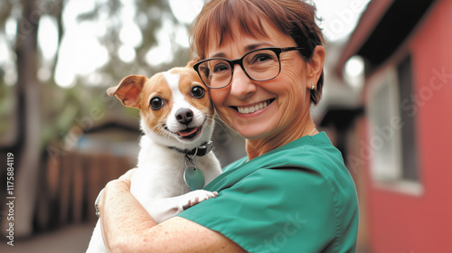 A woman is holding a small dog and smiling