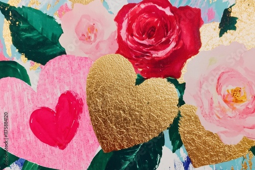 watercolor vintage print with hearts and roses, very beautiful, red pink and gold, Valentines card