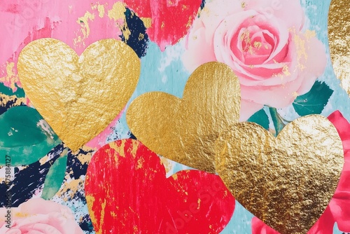 watercolor vintage print with hearts and roses, very beautiful, red pink and gold, Valentines card