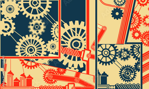 Collage on industrial theme with various technical elements and mechanical devices. Version 2. Vector illustration