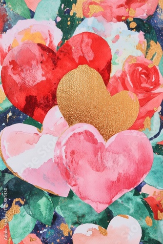 watercolor vintage print with hearts and roses, very beautiful, red pink and gold, Valentines card
