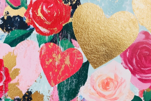 watercolor vintage print with hearts and roses, very beautiful, red pink and gold, Valentines card