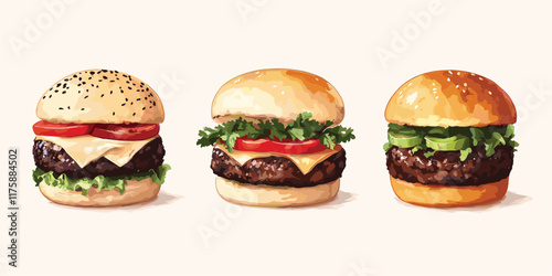 Flat vector style burgers featuring sesame seed buns, juicy beef patties