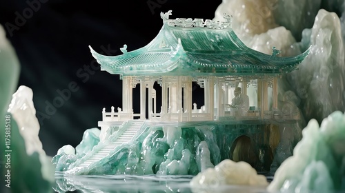 Jade pavilion nestled amidst sculpted jade mountains, reflecting in still water.