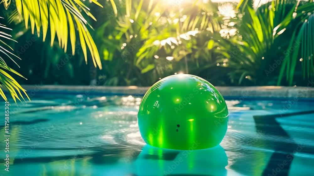 A bright green ball floats serenely in a sunlit pool, surrounded by vibrant greenery. The scene evokes a tropical feel, capturing a moment of leisure and relaxation on a sunny day.