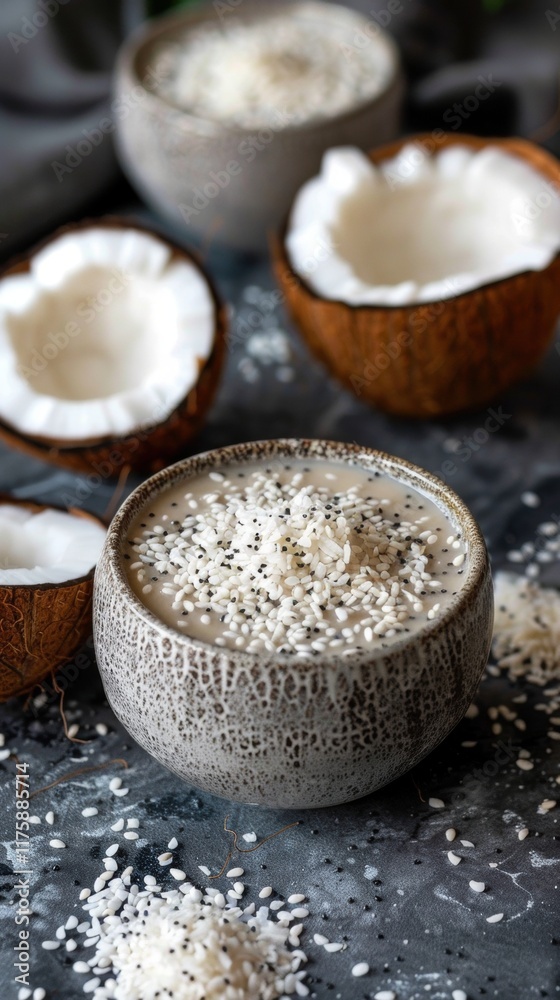 Rustic coconut yogurt garnished with sesame seeds in an artisan bowl beside split coconuts. Rustic coconut yogurt garnished with sesame seeds in an artisan bowl beside split coconuts.