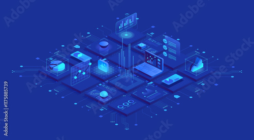 Set of isometric icons for data visualization and analytics. Includes charts, graphs, and diagrams for representing various data types. Ideal for websites and blogs about business and data science