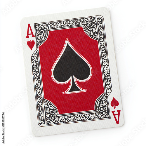 Ace of spades playing card with ornate red and black design isolated on white background for casino games and gambling theme

 photo