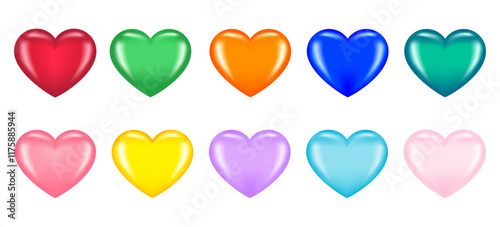 Glossy hearts of different colors isolated on white background. Vector hearts icon set of red, green, yellow, pink, orange, purple, blue, emerald colors. For Valentine's day, wedding, romantic card.