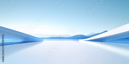 Abstract blue architecture against mountains.