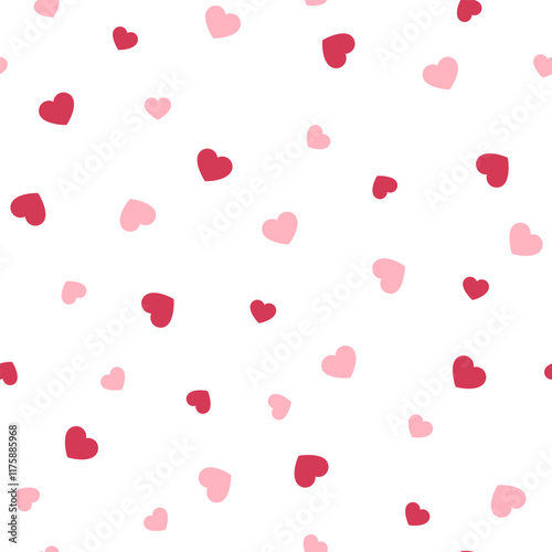Hearts seamless pattern. Pink and red hearts on a white background. Vector illustration.