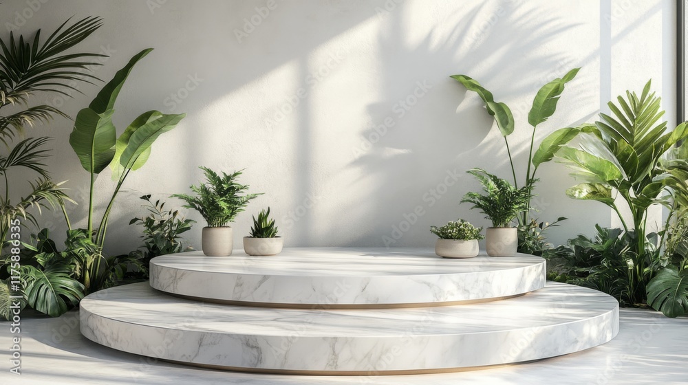 Modern Marble Platform with Lush Greenery Modern Marble Platform with Lush Greenery