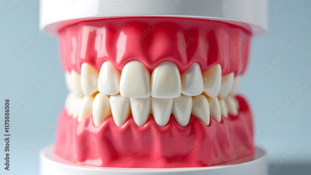 Obraz premium 3D model of dentures with gums, artificial teeth in dentistry, medicine and prosthetics.