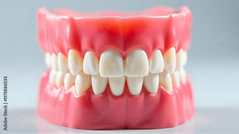 Obraz premium 3D model of dentures with gums, artificial teeth in dentistry, medicine and prosthetics.