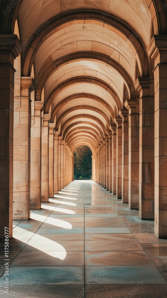 Elegant stone archway casting intricate shadows in a sunlit corridor. Elegant stone archway casting intricate shadows in a sunlit corridor.