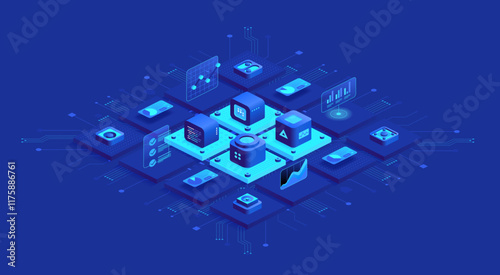 Abstract concept of modern technology. Isometric design of a data center with multiple connected devices. Ideal for AI, big data, and cloud computing projects.