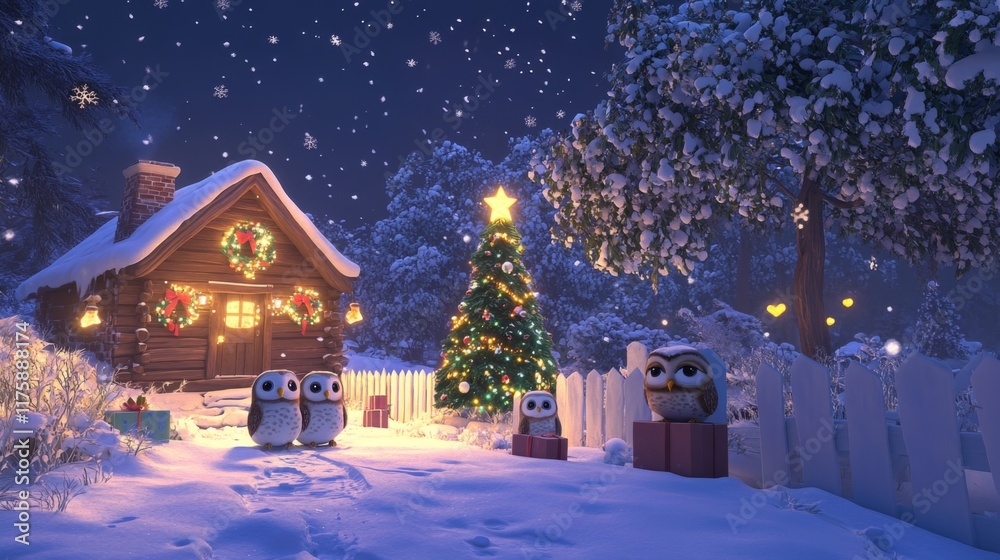 Fototapeta premium Cozy Snowy Christmas Evening with Owls
