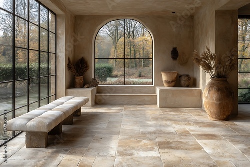 Serene sunlit interior with arched window and stone floor
