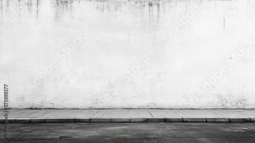 Grungy white wall with textured pavement.