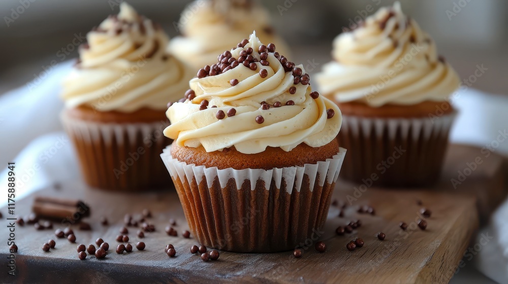 Delicious caramel cupcakes with sprinkles on wooden board. Delicious caramel cupcakes with sprinkles on wooden board.