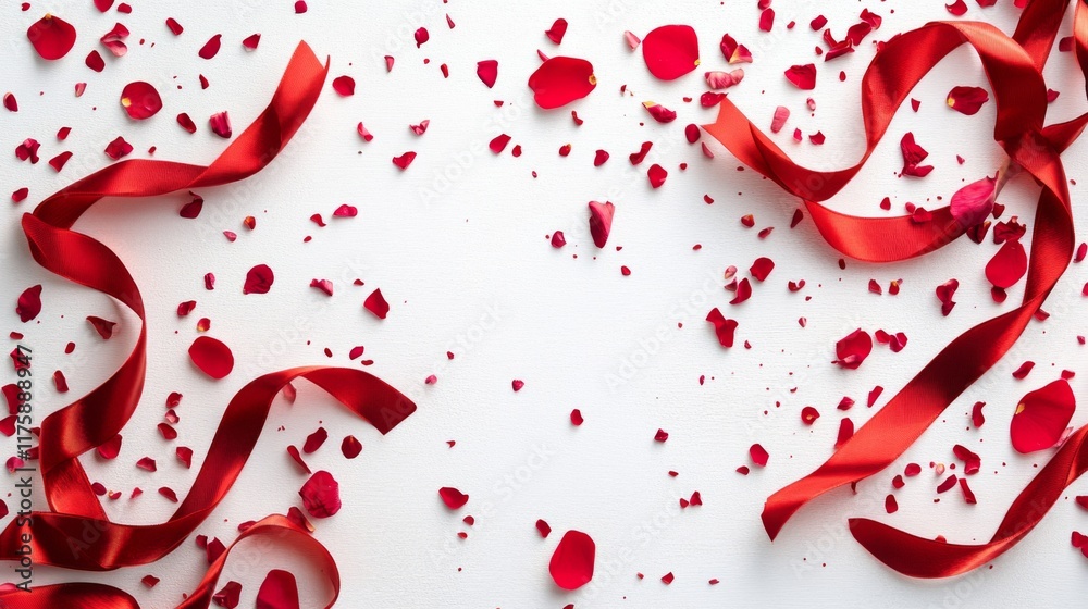 Red Petals and Ribbon on White Background Red Petals and Ribbon on White Background