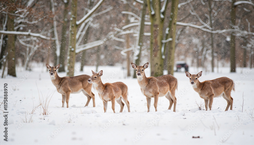 Herd of deer standing in snowy winter forest clearing, nature's beauty Herd of deer standing in snowy winter forest clearing, nature's beauty