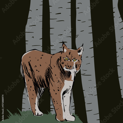 Lynx in Forest Vector Illustration