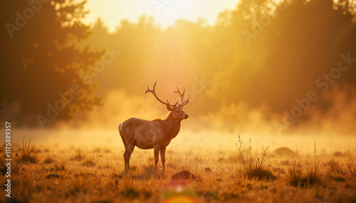 Majestic elk standing in golden meadow at sunrise, nature's beauty