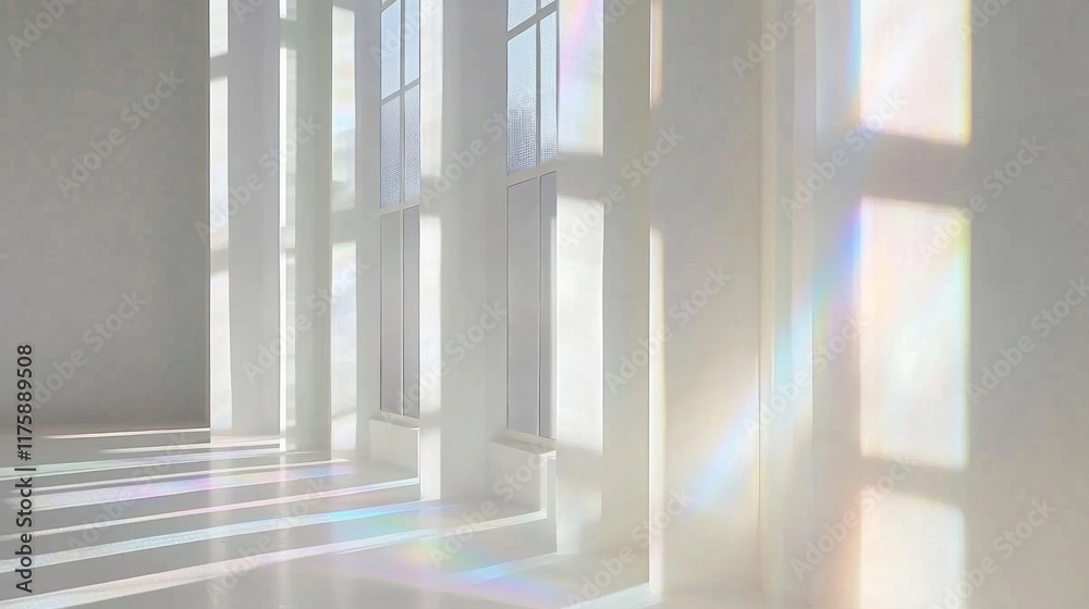 Obraz premium Sunlight streams through windows in a minimalist room, casting rainbow prisms on the floor.