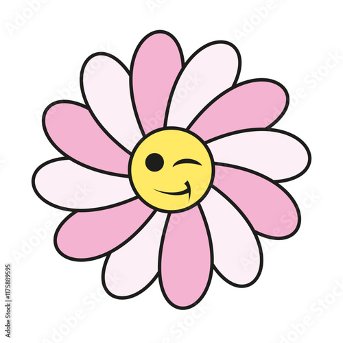 PinkFlowerWiCute winking flower with a smiling face. Vector illustration of a pink and yellow daisy emoticon. Fun and cheerful floral design for spring, summer, and positive vibesnking_toStock