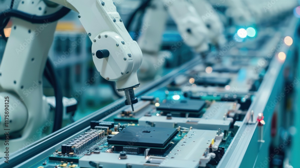 Robotic Arms Assembling Circuit Boards on a Conveyor Belt in a Modern Factory: A Glimpse into Automated Manufacturing Robotic Arms Assembling Circuit Boards on a Conveyor Belt in a Modern Factory: A Glimpse into Automated Manufacturing