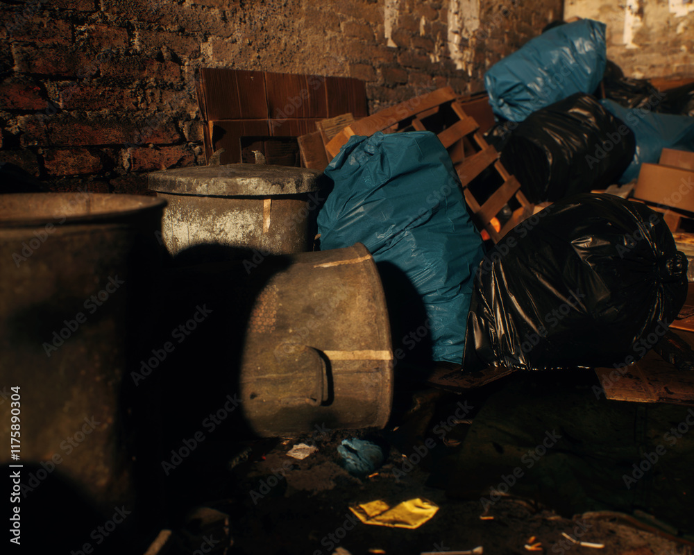 All kinds of rubbish lying on the street near a wall. A polluted urban environment. 3D render.