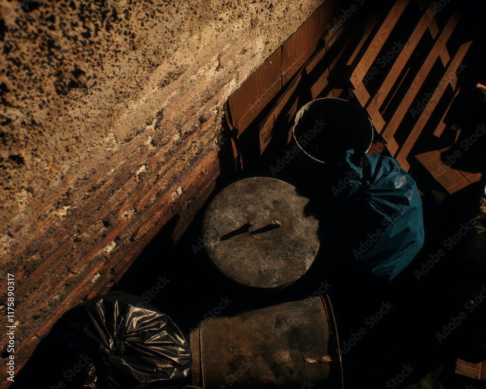 All kinds of rubbish lying on the street near a wall. A polluted urban environment. 3D render.