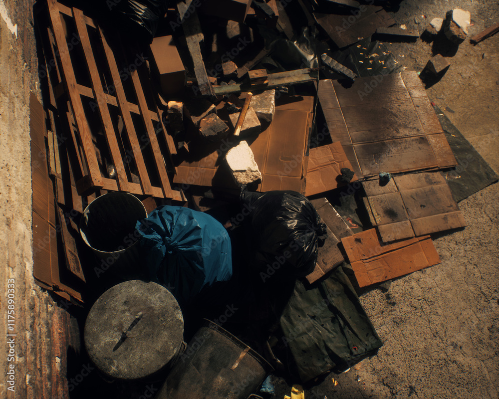 All kinds of rubbish lying on the street near a wall. A polluted urban environment. 3D render.