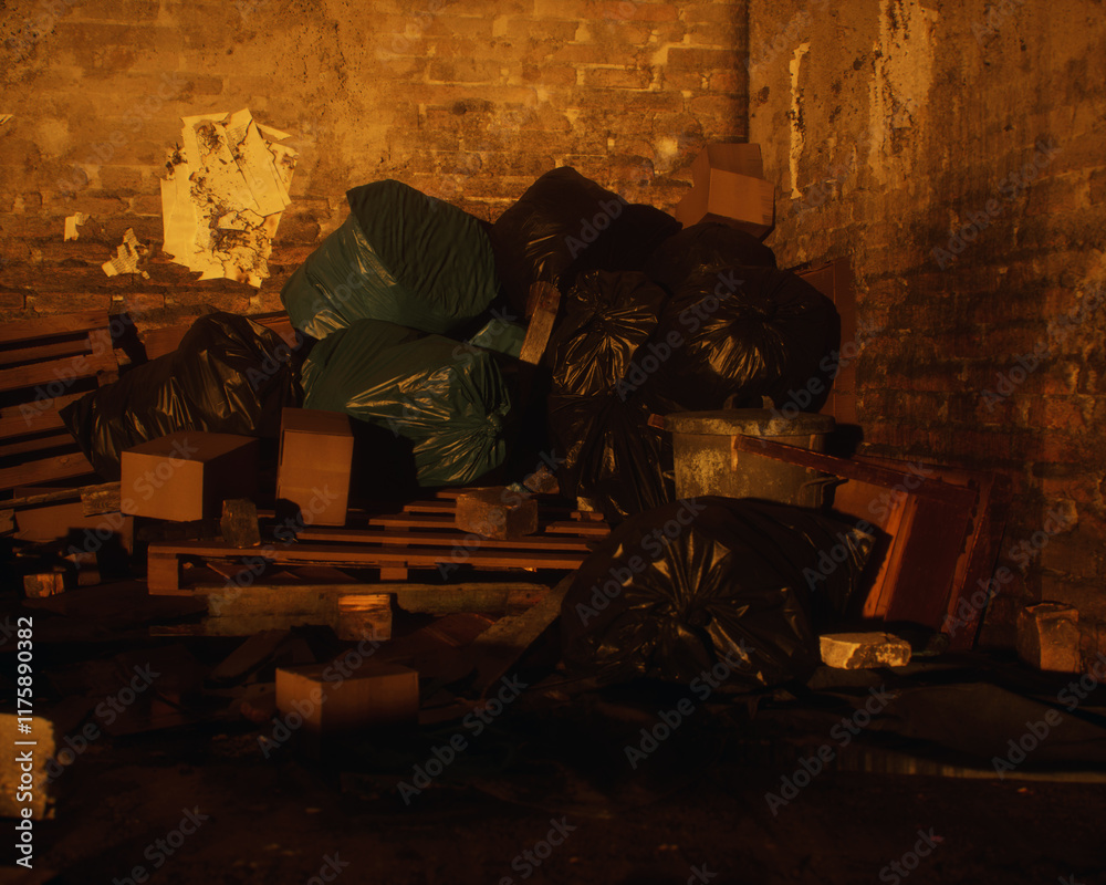 All kinds of rubbish lying on the street near a wall. A polluted urban environment. 3D render.