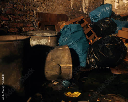 Obraz na płótnie All kinds of rubbish lying on the street near a wall. A polluted urban environment. 3D render. w salonie