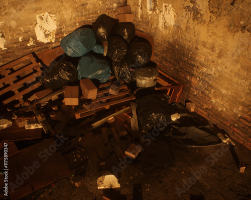 Obraz na płótnie All kinds of rubbish lying on the street near a wall. A polluted urban environment. 3D render. w salonie