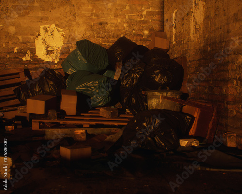 Obraz na płótnie All kinds of rubbish lying on the street near a wall. A polluted urban environment. 3D render. w salonie