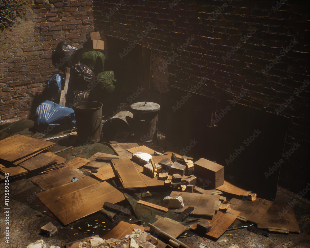 All kinds of rubbish lying on the street near a wall. A polluted urban environment. 3D render.