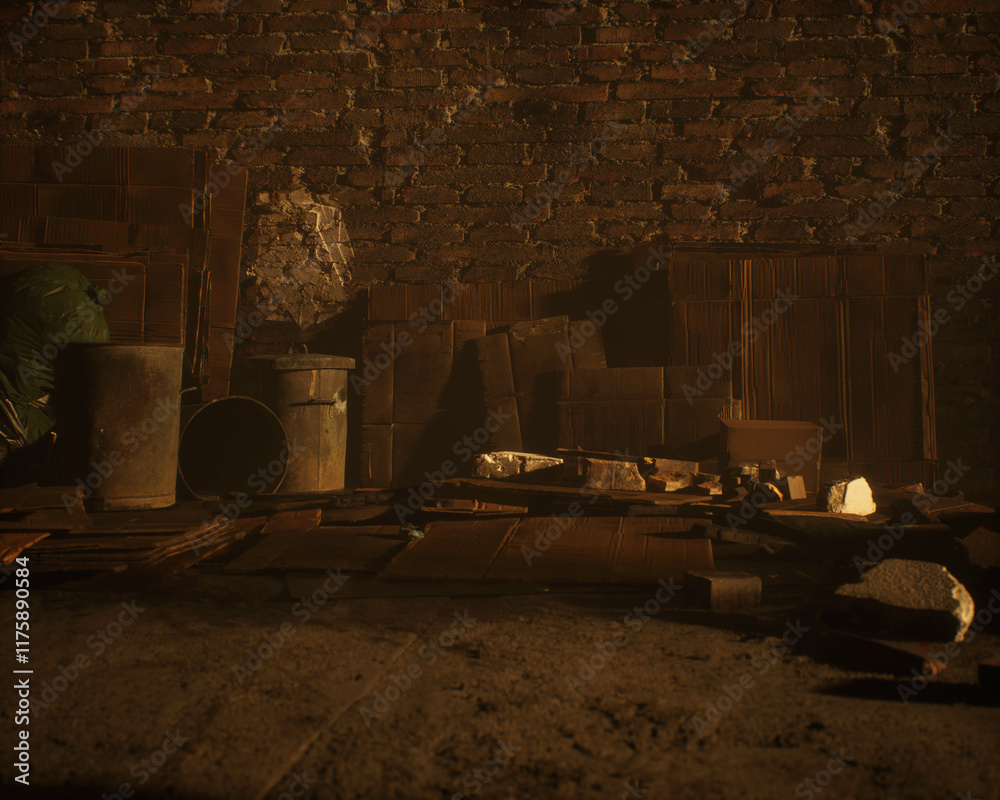 All kinds of rubbish lying on the street near a wall. A polluted urban environment. 3D render.