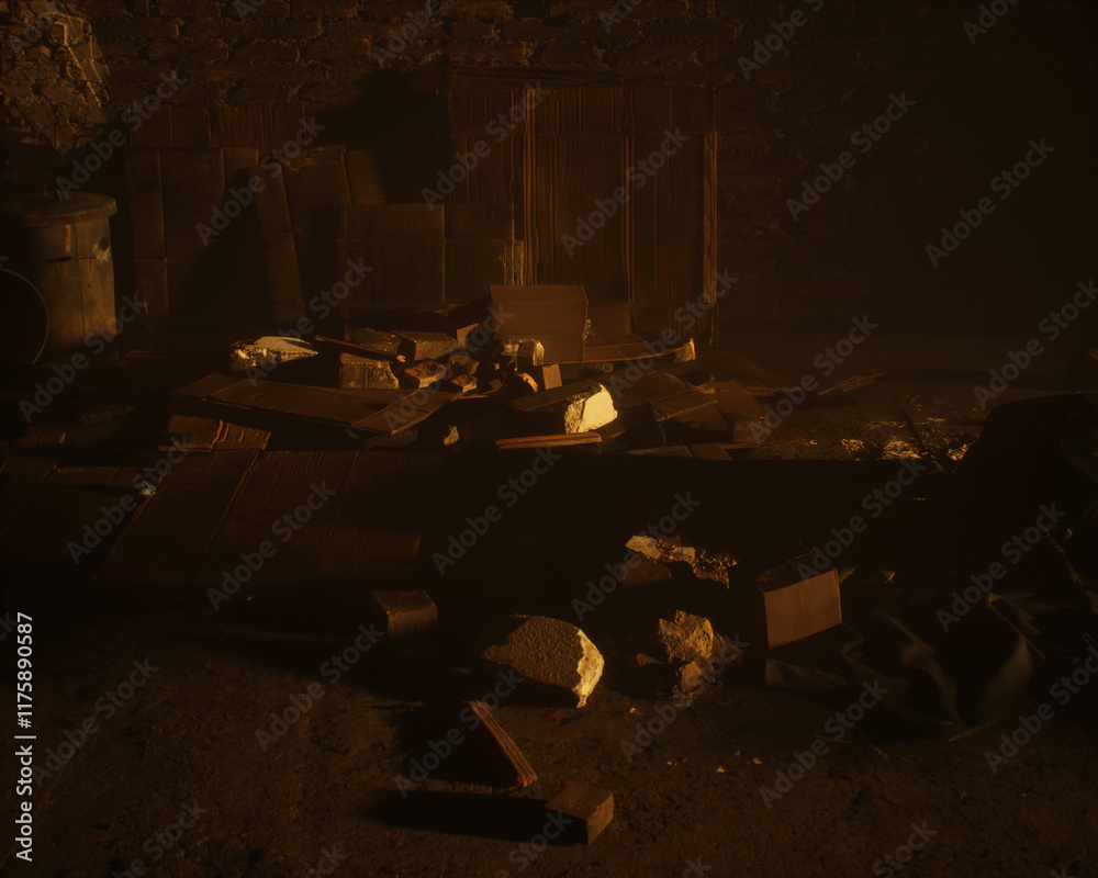 All kinds of rubbish lying on the street near a wall. A polluted urban environment. 3D render.