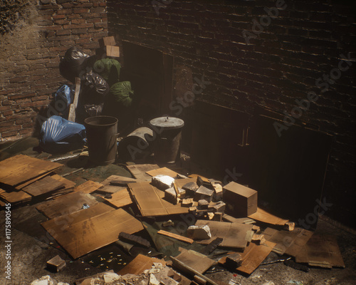 Obraz na płótnie All kinds of rubbish lying on the street near a wall. A polluted urban environment. 3D render. w salonie