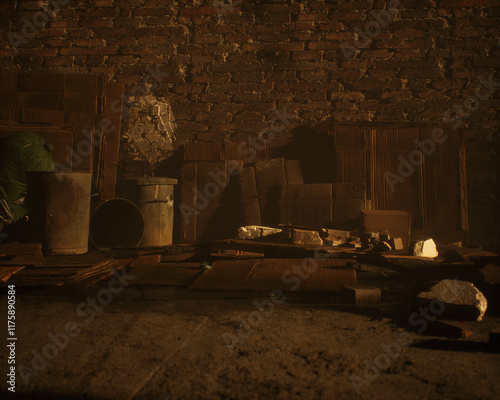 Obraz na płótnie All kinds of rubbish lying on the street near a wall. A polluted urban environment. 3D render. w salonie
