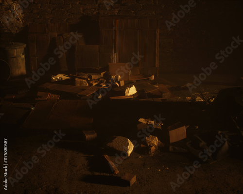 Obraz na płótnie All kinds of rubbish lying on the street near a wall. A polluted urban environment. 3D render. w salonie